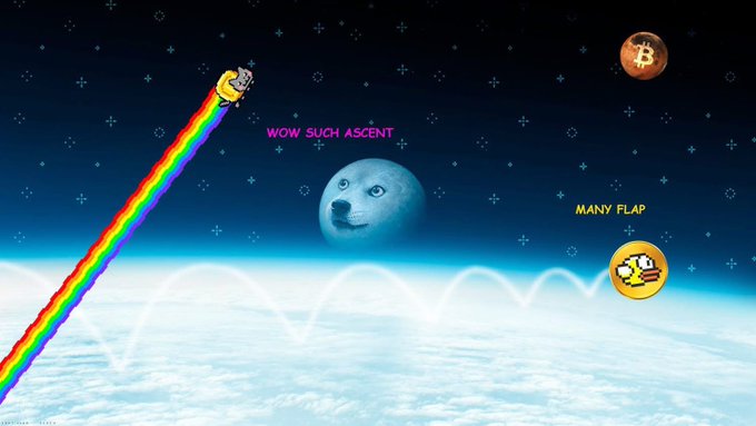 A meme-style image featuring a pixel-art cat character leaving a rainbow trail labeled 'WOW SUCH ASCENT', facing the moon with a smiling face, while a pixel-art bird with a Bitcoin symbol flies past with the text 'MANY FLAP'.