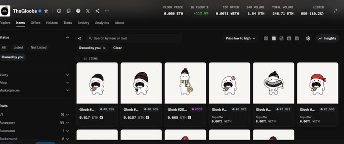 Screenshot of TheGlobs NFT marketplace showing 'Owned by you' collection of 11 items, displaying Gloob NFT characters with various traits, prices ranging from 0.0571 ETH to 0.8197 ETH, and floor prices of 0.069 ETH and 0.0071 WETH.