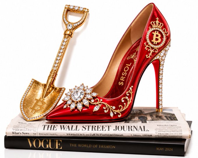 A decorative scene displays a gold jeweled Bitcoin shovel and a red high-heeled shoe with gold and Bitcoin embellishments, resting on top of The Wall Street Journal newspaper and a Vogue magazine from May 2024.