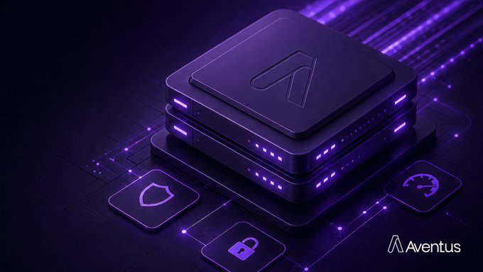 A 3D rendering of stacked dark servers with purple LED lights, displaying icons for security, analytics, and a shield, labeled 'Aventus'.