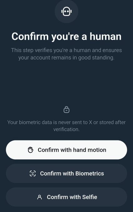 A dark-themed verification screen titled "Confirm you're a human" with text stating "Your biometric data is never sent to X or stored after verification," offering three options: "Confirm with hand motion," "Confirm with Biometrics," and "Confirm with Selfie." The screen illustrates the kind of intrusive identity verification users might find off-putting, aligning with the "Yuck" sentiment expressing displeasure at the requirement to submit biometric or personal data to X.