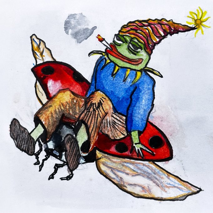 A whimsical illustration of a green-skinned character wearing a colorful striped hat, smoking a cigarette, and riding a large red ladybug.