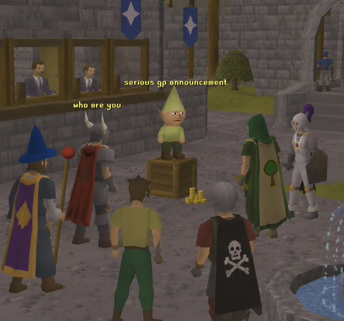 A screenshot from the game Old School RuneScape shows a group of diverse player characters gathered around an NPC in Falador, with text labels reading 'serious gp announcement' and 'who are you'.
