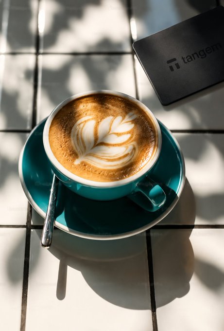 A teal cup of latte art sits on a matching saucer on a tiled surface next to a black card reading 'tangem', with leafy shadows cast across the scene.