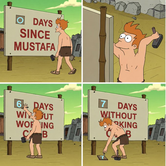 A four-panel cartoon from a show resembling Futurama where a character changes a "0 DAYS SINCE MUSTAFA" sign to "6 DAYS WITHOUT WORKING CRAB" and then to "7 DAYS WITHOUT WORKING CRAB," eventually dropping the "7" tile on the ground.