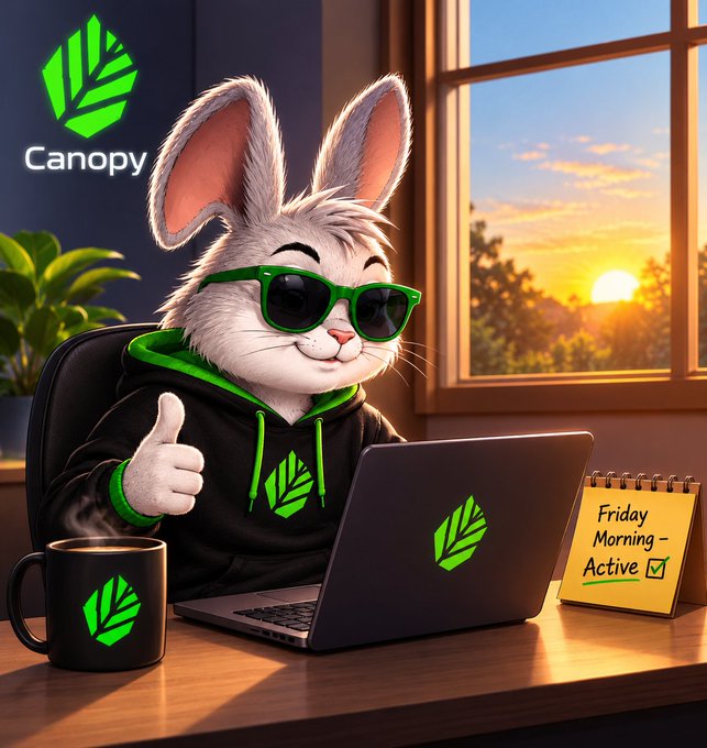 A 3D-rendered white rabbit wearing green sunglasses and a black hoodie gives a thumbs-up while working on a laptop, accompanied by a 'Canopy' logo, a steaming mug, and a calendar reading 'Friday Morning - Active'.