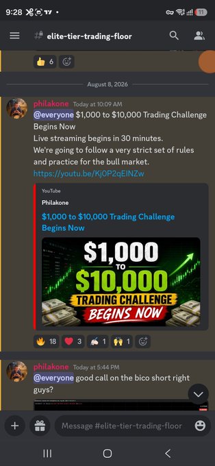 A Discord chat in the "elite-tier-trading-floor" server shows Philakone announcing a "$1,000 to $10,000 Trading Challenge Begins Now," promoting a YouTube livestream about day trading in 30 minutes, aligning with his post about calling all trades on his Discord for the $1K to $10K challenge.