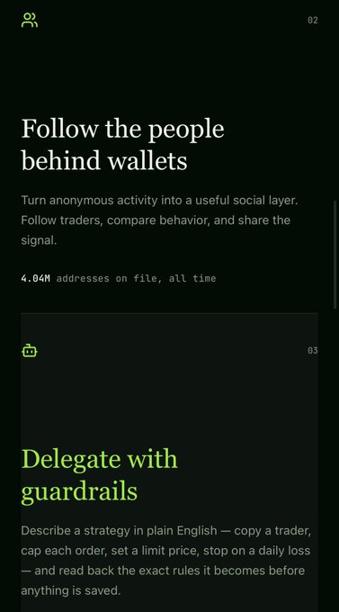 A dark-themed mobile app screenshot displaying text: 'Follow the people behind wallets', 'Turn anonymous activity into a useful social layer. Follow traders, compare behavior, and share the signal.', '4.04M addresses on file, all time', and 'Delegate with guardrails'.
