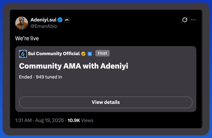 A screenshot of an X (formerly Twitter) post by Adeniyi.sui (@EmanAbio) announcing a live 'Community AMA with Adeniyi' hosted by Sui Community Official, which had ended with 949 tuned in and accumulated 10.9K views.