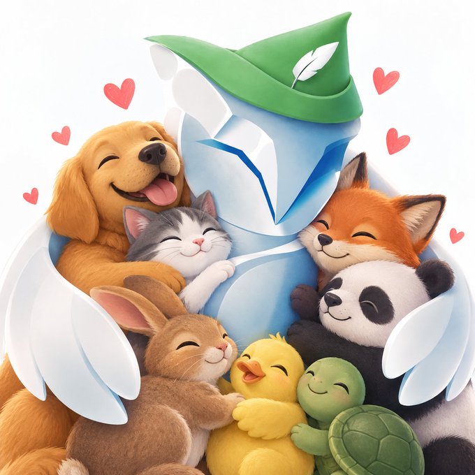 A serene knight in shining armor, topped with a green feathered cap, gently cradles a warm embrace of smiling animals—a puppy, kitten, fox, panda, rabbit, duckling, and turtle—surrounded by floating hearts, symbolizing pure joy and carefree affection rather than profit.