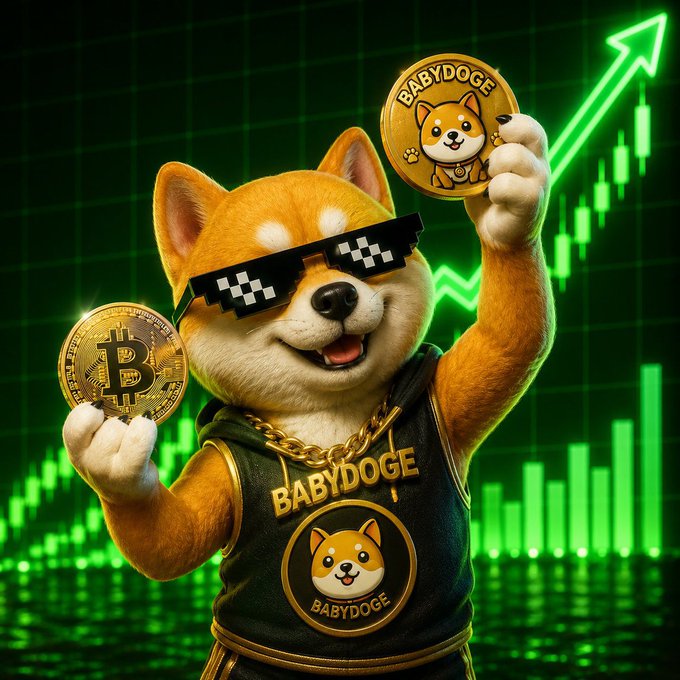 A 3D-rendered Shiba Inu dog wearing pixelated sunglasses and a black 'BABYDOGE' shirt, holding a Bitcoin and a 'BABYDOGE' coin, with a green cryptocurrency chart and upward arrow in the background.