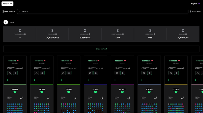 A dark-themed crypto mining dashboard titled 'DNA Protocol' displaying metrics including proof quota of 0.000012, leader time of 2,950 sec, and a grid of miner cards showing activity for tokens like AAVEBN, 3INCHEN, TRYZEN, and others.