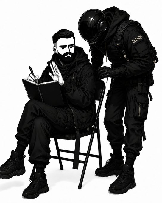 A black and white illustration showing a seated bearded man writing in a notebook while a hooded figure in tactical gear labeled 'CLAUDE' with a blacked-out visor stands over him.