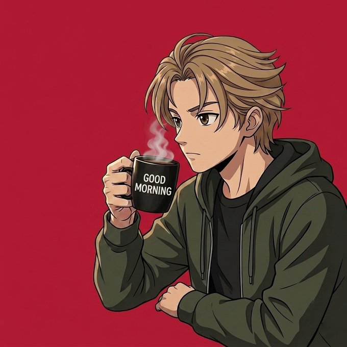 An anime-style illustration of a young man with brown hair wearing a dark green hoodie, holding a black mug labeled 'GOOD MORNING' with steam rising from it against a red background.