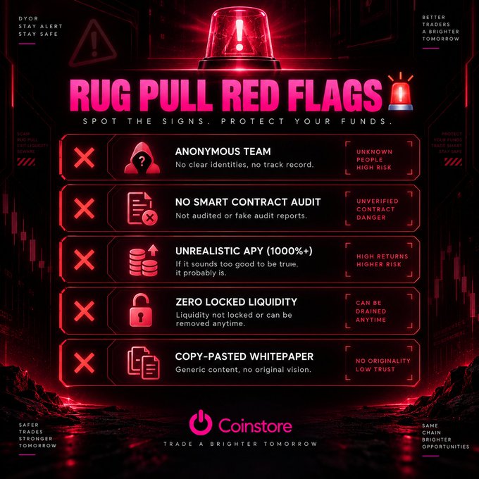 A Coinstore infographic titled 'RUG PULL RED FLAGS' lists warning signs including Anonymous Team, No Smart Contract Audit, Unrealistic APY (1000%+), Zero Locked Liquidity, and Copy-Pasted Whitepaper.