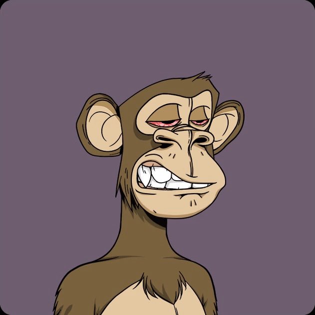 A cartoon illustration of a monkey with a smug expression, bared teeth, and droopy pink eyes set against a solid purple background.