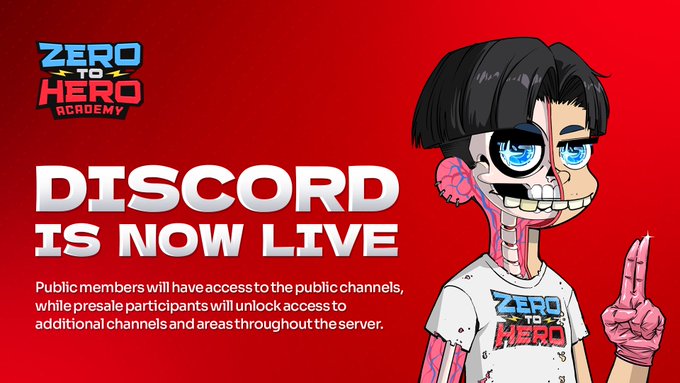 A "Zero to Hero Academy" promotional banner announcing "DISCORD IS NOW LIVE" featuring a skeletal anime-style character with pink tissue and a "ZERO TO HERO" shirt.