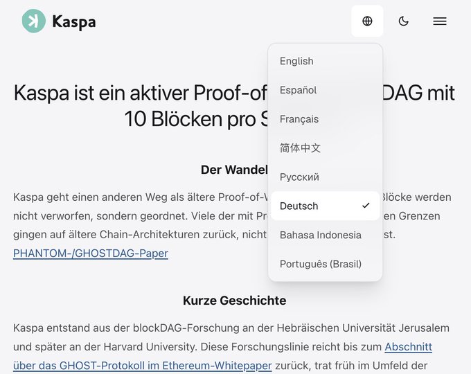 The image shows a language selection dropdown menu on kaspa.org with options including English, Español, Français, 简体中文, Русский, Deutsch (selected with a checkmark), Bahasa Indonesia, and Português (Brasil), confirming the post's announcement of newly added language translations to the Kaspa website.