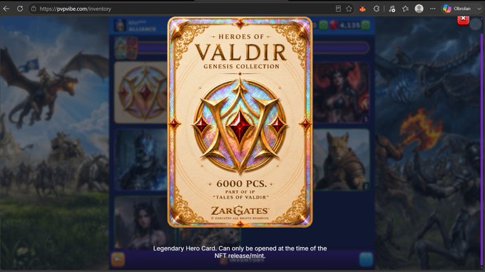 Screenshot of pvpvibe.com inventory page showing a 'Heroes of Valdir' Genesis Collection legendary hero card NFT called 'Valdir' (6,000 PCS) from Zargates, available during NFT release/mint.