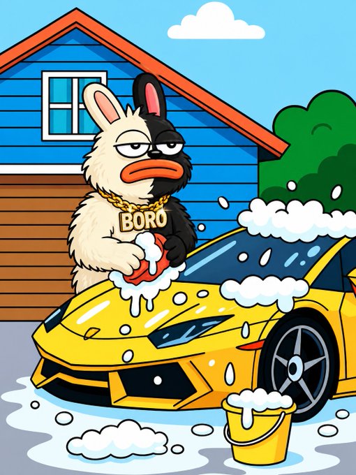 A cartoon llama/bunny hybrid character wearing a gold "BORO" chain washes a yellow sports car with a sponge, with a "BORO" bucket nearby, visually promoting the $BORO airdrop giveaway for the first 2,222 wallets.