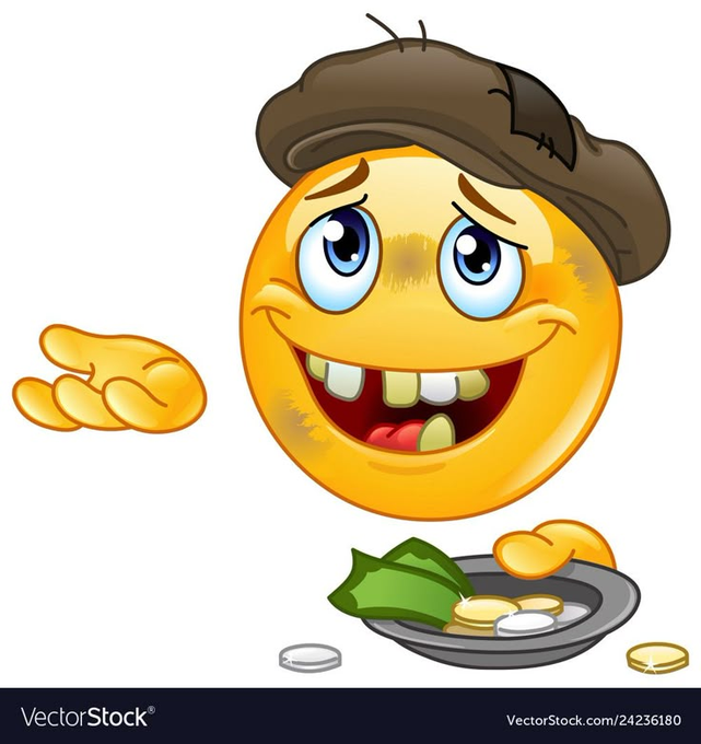 A cartoon yellow emoji wearing a tattered brown hat smiles gleefully while holding out an empty hand, standing over a plate of coins and cash—suggesting that despite the poster's $700k loss on the $VLAD hack coin, Vlad Tenev has no money left to refund. The image humorously illustrates the platform's empty pockets and refusal to compensate users, with the "begging" emoji embodying the desperate request.