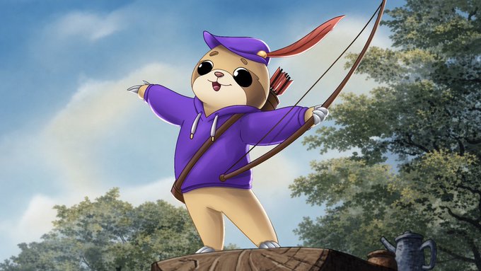 A digital illustration of a cute anthropomorphic tan animal wearing a purple hoodie and cap, drawing a bow and arrow while standing on a tree stump.