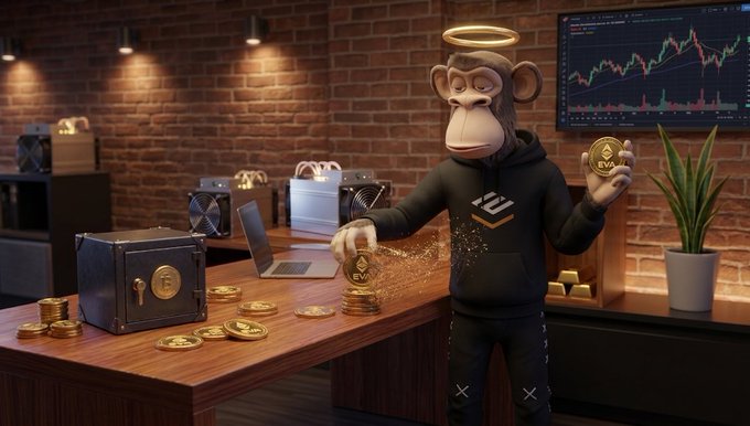 A 3D-rendered Bored Ape-style character with a halo and hoodie stands in a brick-walled room holding gold crypto coins, with a safe, laptop, and a screen showing a trading chart in the background.