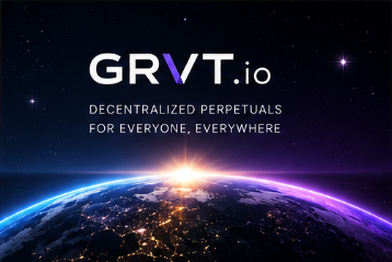 The image shows a planet with a sun setting behind it, creating a beautiful backdrop for the GRVT logo. The text "GRVT.io" is displayed above the planet, indicating that this is an advertisement or promotional material related to the GRVT platform. The main focus of the image is on the planet and its surroundings, while the text provides information about the platform's purpose and features.