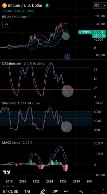 A TradingView chart displaying BTCUSD (Bitcoin/U.S. Dollar) at $79,104 with BB, DSS Bressert, Stochastic RSI, and MACD technical indicators.
