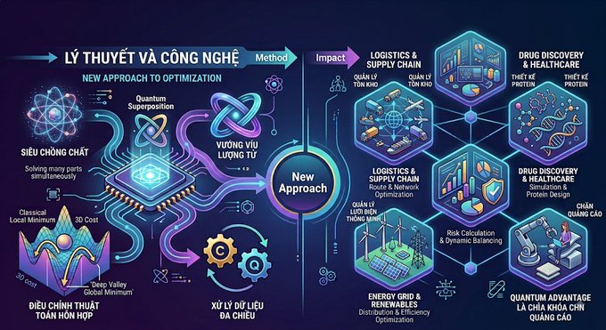An infographic titled 'LÝ THUYẾT VÀ CÔNG NGHỆ Method' and 'NEW APPROACH TO OPTIMIZATION', featuring a central 'New Approach' circle connected to elements like 'Quantum Superposition', 'VƯƠNG VỊ LƯỢNG TỬ', 'SIÊU CHỒNG CHẤT', and various applications including 'LOGISTICS & SUPPLY CHAIN' and 'DRUG DISCOVERY & HEALTHCARE'.