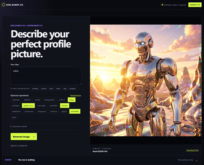 A webpage for 'GEN.DARKY.EU / EXPERIMENT 01' titled 'Describe your perfect profile picture.' featuring a text input box with 'robot' and a generated image of a shiny metallic robot in a golden landscape.