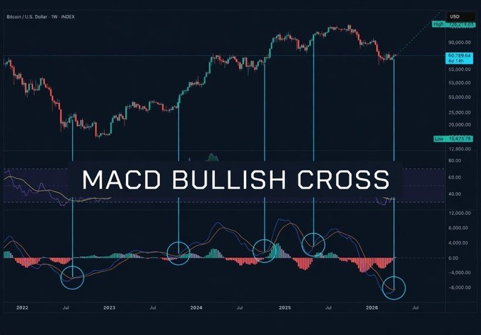 A Bitcoin/USD chart showing a weekly MACD bullish cross on the indicator at the bottom, with BTC priced at 65,739.64 USD (+3.42%) against a low of 15,473.79, displaying a "High" annotation projecting upward momentum consistent with the post's optimistic outlook.