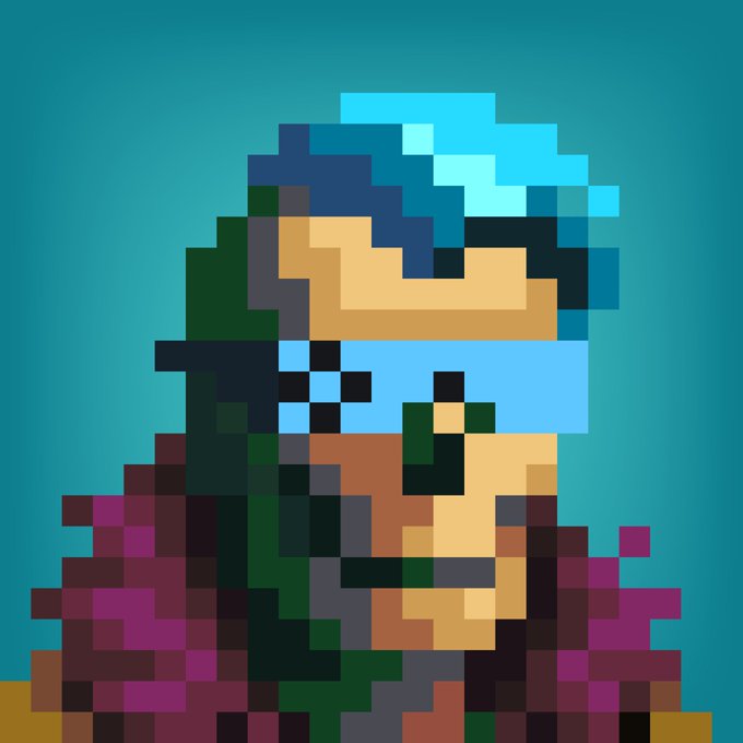 A pixel art style portrait of a person with blue hair, wearing blue-tinted glasses, against a teal background with purple and red blocky clothing.