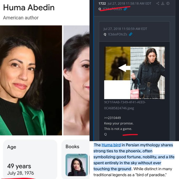 The image shows a split-screen featuring a Wikipedia-style profile of Huma Abedin (49, born July 28, 1976) on the left, and a July 27, 2018 archive of a file named "9CF1FAAB-7349-4F41-AEE0-0CA685824746.jpeg" containing a photo of Huma with the cryptic text "Keep your promise. This is not a game. Q" on the right. The accompanying post ties Huma's birthday (July 28) to Julian McMahon's (July 27), connecting them through the symbolism of the Huma bird/Phoenix in Persian mythology to suggest a rising phoenix narrative.
