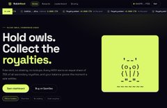 A website screenshot with the headline 'Hold owls. Collect the royalties.' alongside a green ASCII art cat face.
