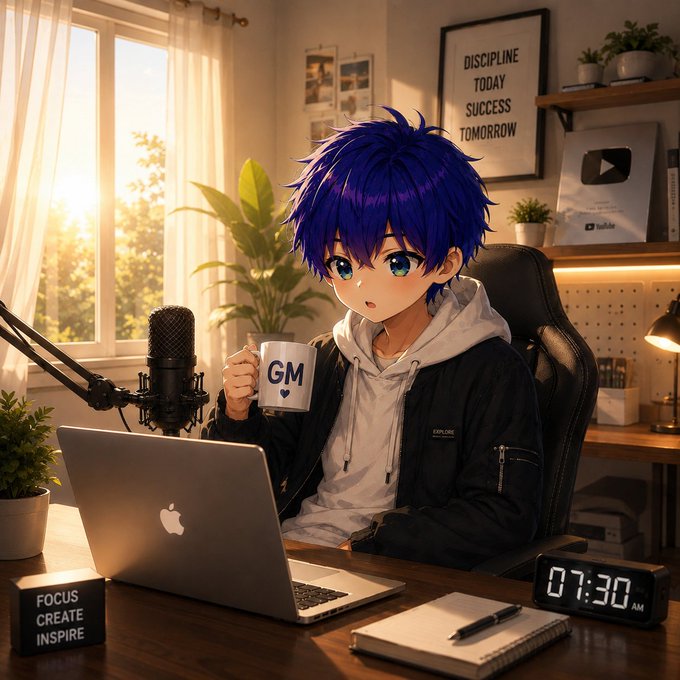 An anime-style illustration of a blue-haired boy sitting at a desk with a laptop and microphone, holding a mug labeled 'GM', surrounded by motivational decor including a framed poster reading 'DISCIPLINE TODAY SUCCESS TOMORROW' and a digital clock showing 07:30 AM.