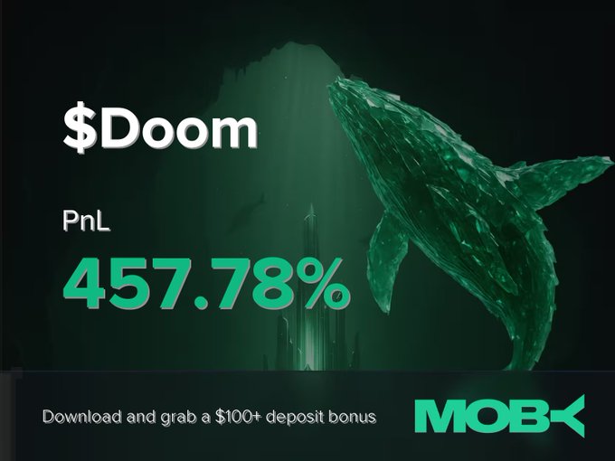 A Moby Mobile promotional graphic featuring a green-toned underwater scene with a whale silhouette, announcing a "$Doom" trade with a PnL of 457.78%, alongside the offer to "Download and grab a $100+ deposit bonus" with the MOBY logo.
