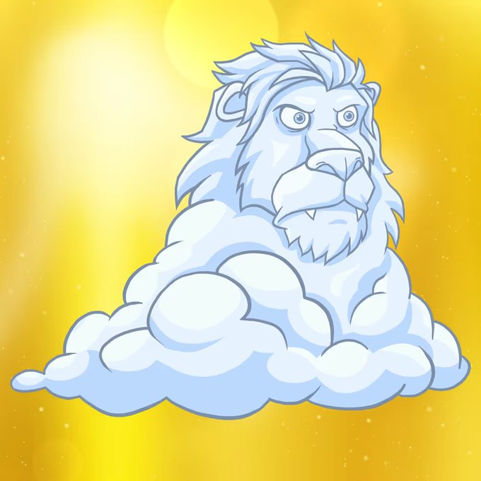 A white cloud lion with a fierce expression roars against a bright yellow sunlit sky, embodying the majestic "Lazy Lions NFT" #ROAR spirit. The 1/1 unique digital collectible captures the powerful essence of the lion emerging from fluffy clouds, symbolizing strength and royalty in the NFT community.