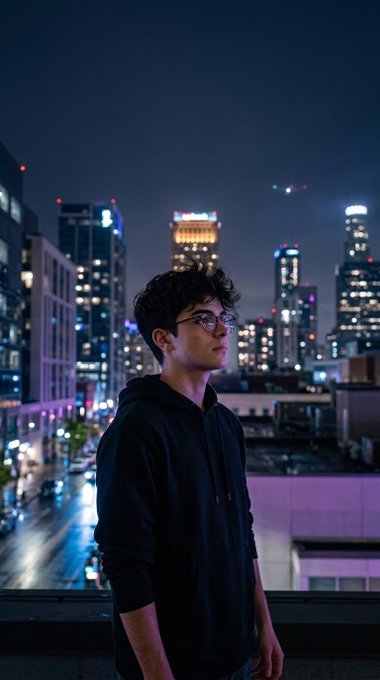 A young man with glasses and a black hoodie standing on a balcony overlooking a city skyline at night.