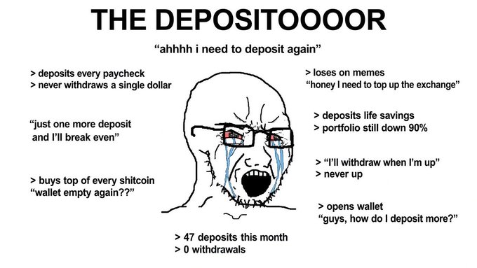 A 'wojak' style meme titled 'THE DEPOSITOOOOR' featuring a crying, distressed character surrounded by text describing problematic crypto deposit behaviors, including '> deposits every paycheck' and '> 47 deposits this month > 0 withdrawals'.