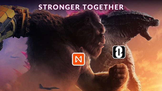 Promotional image titled 'STRONGER TOGETHER' featuring a gorilla and a reptilian creature roaring together against a sunset sky, with logos for Near (N) and another brand overlaid.