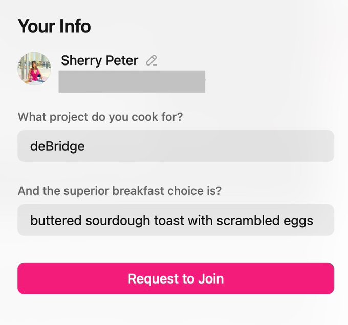 A registration form for the "Token2049" event features a profile section for "Sherry Peter" with fields asking what project the person works on ("deBridge") and their favorite breakfast ("buttered sourdough toast with scrambled eggs"), followed by a pink "Request to Join" button. The playful, unconventional breakfast question contrasts with typical formal event registration forms, fitting the post's commentary about it being the most creative Token2049 sign-up seen.