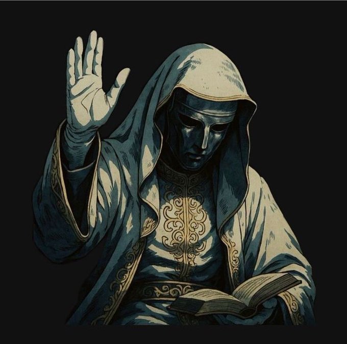 A hooded figure in golden-embroidered robes reads from a book while raising one hand in a gesture of blessing or teaching, depicted in dark muted tones.