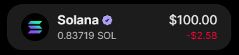 A crypto wallet display showing a Solana balance of 0.83719 SOL (equivalent to $100.00, down $2.58) is pictured alongside a promotional giveaway post instructing users to like, follow, and comment with their SOL wallet address for a chance to win $100 in 24 hours.