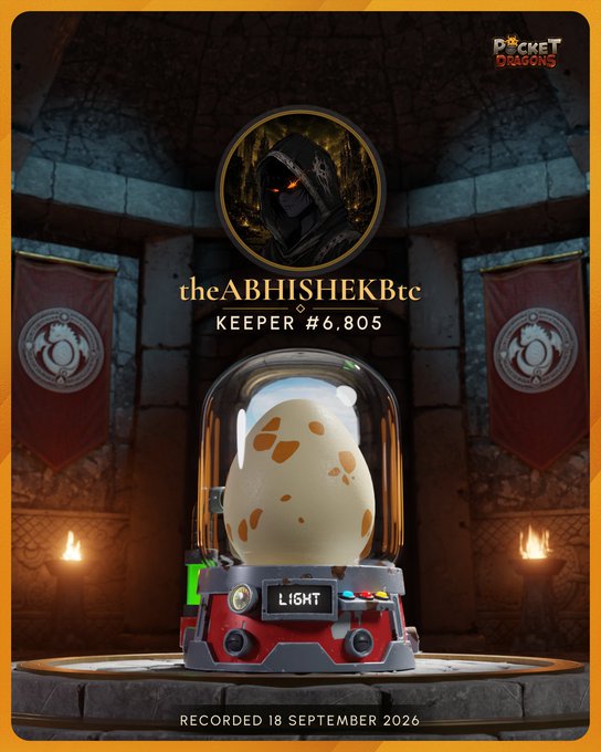 A screenshot from the game 'Pocket Dragons' showing a large, spotted egg labeled 'LIGHT' in an incubator, with the player profile 'theABHISHEKBtc' labeled as 'KEEPER #6,805' and a 'RECORDED 18 SEPTEMBER 2026' timestamp.