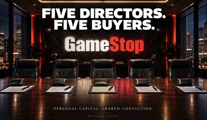 An editorial concept image displaying five leather chairs around a conference table with the text "FIVE DIRECTORS. FIVE BUYERS. GameStop" and the tagline "PERSONAL CAPITAL. SHARED CONVICTION."