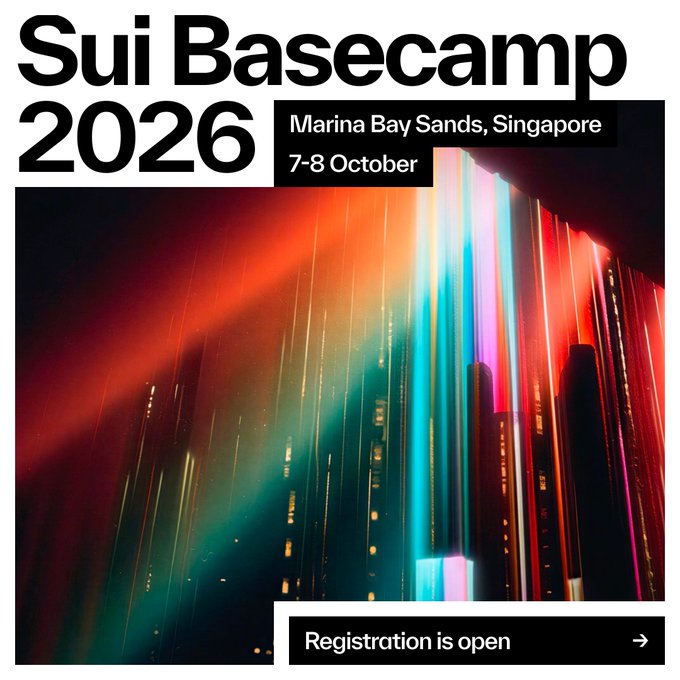A promotional poster for 'Sui Basecamp 2026' taking place at Marina Bay Sands, Singapore on 7-8 October, with a note that 'Registration is open'.