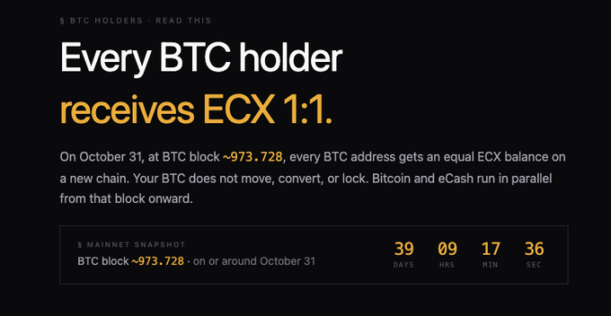Promotional graphic reading 'Every BTC holder receives ECX 1:1' announcing a mainnet snapshot on October 31 at BTC block ~973,728 with a 39-day countdown timer.