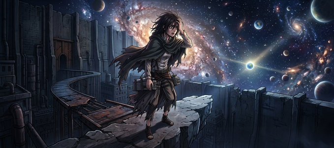 Anime-style artwork of a young character with long hair and a tattered cloak standing on a crumbling stone ruin overlooking a vast cosmic galaxy filled with stars and planets.