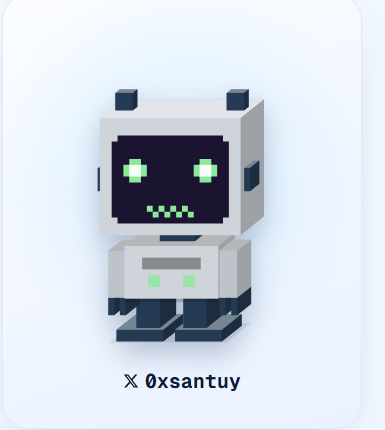 A pixel-art robot mascot appears on a white rounded card with the text “X 0xsantuy” underneath.